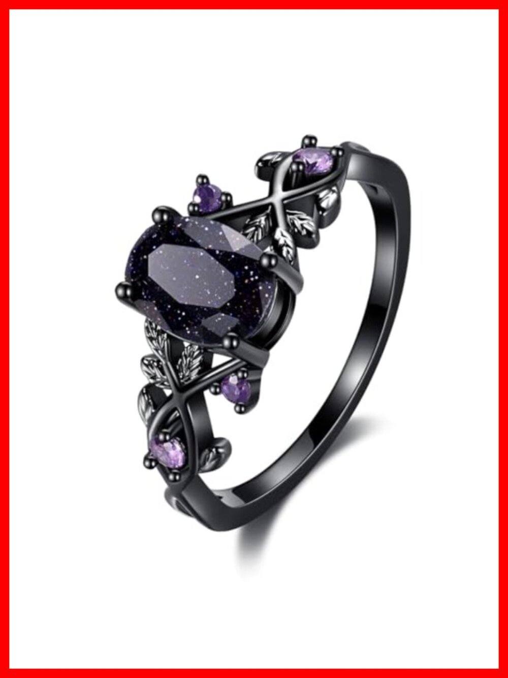 18K Black Gold Plated Blue Sandstone Ring Gothic Vine Promise Engagement